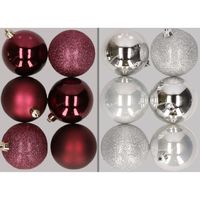 12x stuks kunststof kerstballen mix van aubergine en zilver 8 cm   -