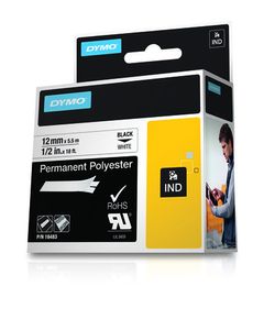 Dymo RHINO permanente polyester tape 12 mm, zwart op wit