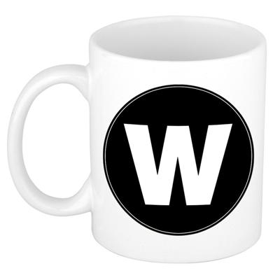 Koffie mok met de letter W - beker - zwart - eerste letter van een voornaam - wit - 300 ml