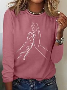 Women's Lover Dog Hand Simple Crew Neck Cotton-Blend Regular Fit Long Sleeve Top