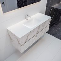 Mondiaz Vica Cloud badmeubel wit carrara mat 120 cm 2 lades solid surface enkele spoelbak midden 1 kraangat