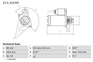 Startmotor / Starter BOSCH, Spanning (Volt)12V, u.a. für Opel, Daewoo, Vauxhall, Chevrolet, Fiat