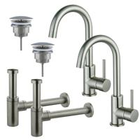 Fortifura Calvi Wastafelkraanset - voor dubbele wastafel - hoge wastafelkraan - draaibare uitloop - always open plug - design sifon - Geborsteld RVS PVD (RVS) 2x SW809348/2x SW696207/2x SW696212