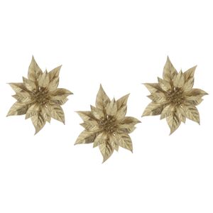 3x stuks decoratie bloemen kerstster goud glitter op clip 18 cm