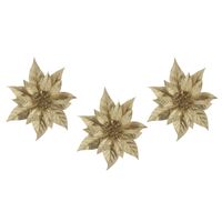 3x stuks decoratie bloemen kerstster goud glitter op clip 18 cm