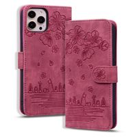 iPhone 12 hoesje - Bookcase - Koord - Pasjeshouder - Portemonnee - Camerabescherming - Bloemenpatroon - Kunstleer - Bordeaux Rood - thumbnail