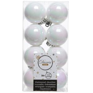 16x Parelmoer witte kerstballen 4 cm kunststof mat/glans