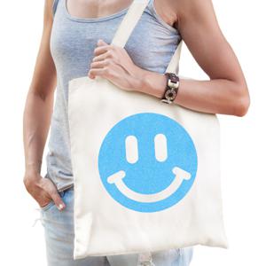 Cadeau tas voor dames - glitter smiley - wit - katoen - 42 x 38 cm - Moederdag - verjaardag