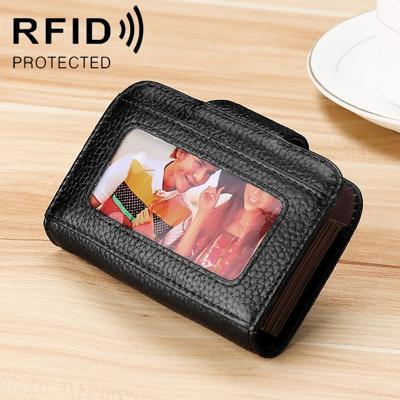 KB188 Horizontal Cowhide Leather Organ Shape Multiple Card Slots Anti-magnetic RFID Wallet for Ladies with Transparent Window(Black)