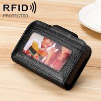 KB188 Horizontal Cowhide Leather Organ Shape Multiple Card Slots Anti-magnetic RFID Wallet for Ladies with Transparent Window(Black)