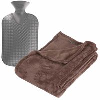 Fleece deken/plaid Mahonie Bruin 125 x 150 cm en een warmwater kruik 2 liter