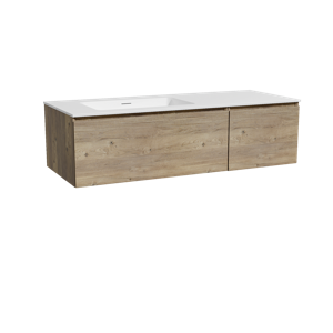 Storke Edge zwevend badmeubel 130 x 52 cm ruw eiken met Mata asymmetrisch linkse wastafel in solid surface mat wit