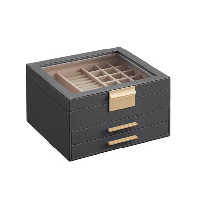 Sieradendoosje met glazen deksel, Interstellair grijs + goud / 3 laden (13,5H cm)