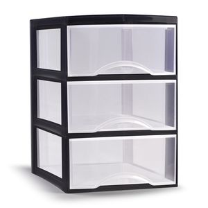 Ladeblokje/bureau organizer met 3x lades - transparant/zwart - L18 x B25 x H25 cm - plastic