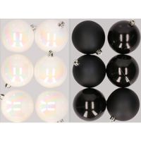 12x stuks kunststof kerstballen mix van parelmoer wit en zwart 8 cm