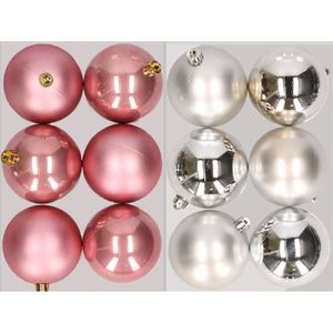 12x stuks kunststof kerstballen mix van oudroze en zilver 8 cm   -