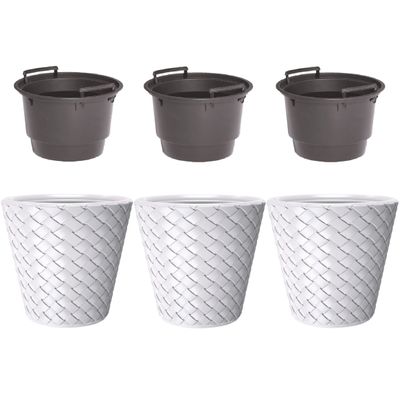 Set van 3x kunststof Matuba rotan bloempotten/plantenpotten wit 12 liter met binnenpot 8 liter