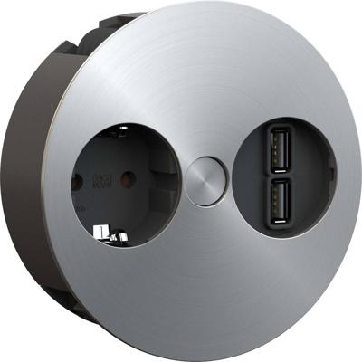 BACHMANN TWIST 1x geaard contact, adereindhulzen, USB oplader, geaarde stekker, Roestvrij staal, 2 m