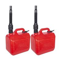 Jerrycan/benzinetank - 2x - 5 liter - knalrood - kunststof - met flexibele schenktuit