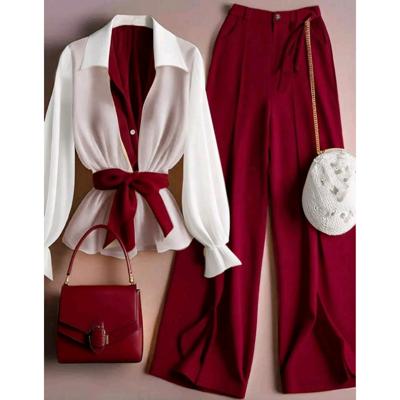 Bon&Bon Women's Elegant Burgundy 2-Piece Belted Shirt and Pants Set M(38)