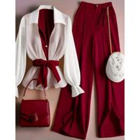 Bon&Bon Women's Elegant Burgundy 2-Piece Belted Shirt and Pants Set M(38)