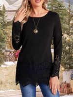 Lace Hollow Out Long Sleeve Crew Neck Boho Tunic Shirt - thumbnail