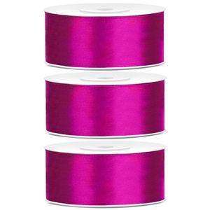 3x Fuchsia roze satijnlinten op rol 2,5 cm x 25 meter cadeaulint verpakkingsmateriaal - Cadeaulinten