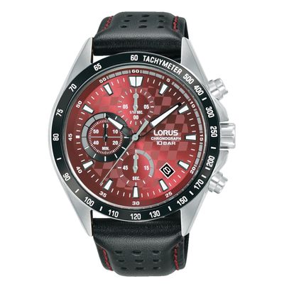 Lorus RM319JX9 Horloge Chronograaf staal-leder zilverkleurig-zwart-rood 43,5 mm