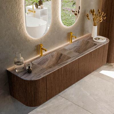 Badmeubel Mondiaz Kurve-Dlux | 180 cm | Meubelkleur Walnut | Wastafelkleur Oza | Solid surface | Wasbak beide zijden spoelbak | 2 kraangaten