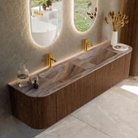 Badmeubel Mondiaz Kurve-Dlux | 180 cm | Meubelkleur Walnut | Wastafelkleur Oza | Solid surface | Wasbak beide zijden spoelbak | 2 kraangaten