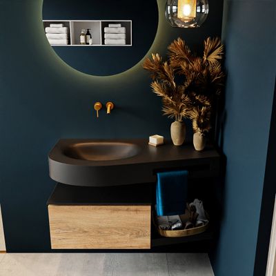 MONDIAZ RIVA 100cm badmeubel onderkast / planchet kleur Washed_Oak met 1 lade. Wastafel DULCET links 0 kraangaten kleur Urban.