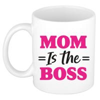 Cadeau koffie/thee mok mama - wit/roze - mam is de baas - 300 ml - Moederdag