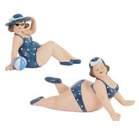 Woonkamer decoratie beeldjes set van 2 dikke dames - donkerblauw badpak - 17 cm - thumbnail