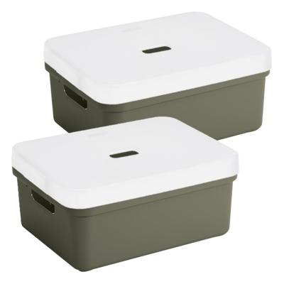 Sunware opbergbox / mand - 2x stuks - 24 liter - donkergroen - kunststof - met transparante deksel