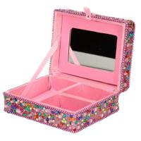 Sieradenkistje met glitters - 8 x 10 x 4 cm - Roze - Juwelenkistje met spiegel - 3-vaks - meisjes   -