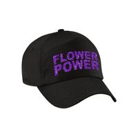 Paarse glitter letters flower power verkleed pet/cap zwart volwassenen - Verkleedhoofddeksels