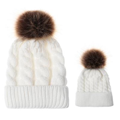 2 in 1 herfst en winter ouder-kind hoed set warme twist textuur gebreide muts met wol bal grootte: ouder-kind (wit)