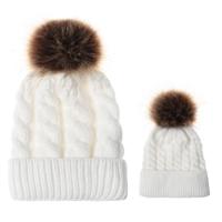 2 in 1 herfst en winter ouder-kind hoed set warme twist textuur gebreide muts met wol bal grootte: ouder-kind (wit)