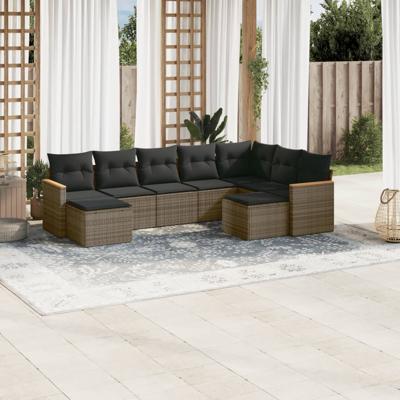 9-delige Loungeset met kussens poly rattan grijs