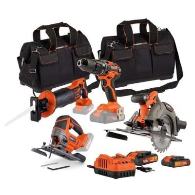 Pakket met 4 gereedschappen - DUAL POWER - 20 V - Boormachine/schroevendraaier + zagen (decoupeerzaag, sabelzaag, cirkelzaag) - 2 accu's en oplader