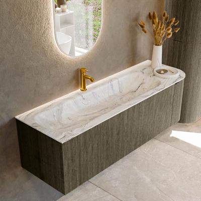 Badmeubel Mondiaz Kurve-Dlux | 145 cm cm | Meubelkleur Shadow | Wastafelkleur Glace | Solid surface | Wasbak links zijde spoelbak | 1 kraangat