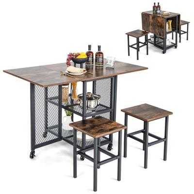 Eettafelset voor 2 Personen Keukentafel met Uittrekbaar Tafelblad en Inklapbaar Metalen Frame Eetkamertafelset met Wielen Incl. 2 Krukken