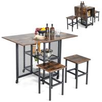 Eettafelset voor 2 Personen Keukentafel met Uittrekbaar Tafelblad en Inklapbaar Metalen Frame Eetkamertafelset met Wielen Incl. 2 Krukken