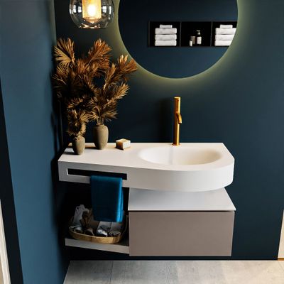 MONDIAZ RIVA 100cm badmeubel onderkast / planchet kleur Smoke met 1 lade. Wastafel DULCET rechts 1 kraangat kleur Talc. MONDIAZ RIVA 100cm badmeubel onderkast / planchet kleur Smoke met 1 lade. Wastafel DULCET rechts 1 kraangat kleur Talc.
