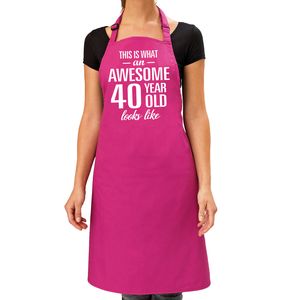 Cadeau schort voor dames - awesome 40 year - roze - keukenschort - verjaardag - 40 jaar