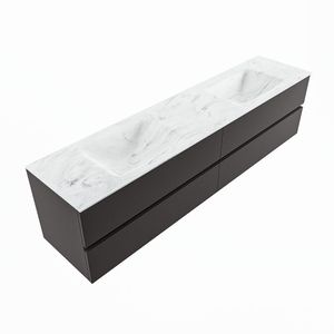 MONDIAZ VICA-DLUX 200cm badmeubel onderkast Dark grey 4 lades. Inbouw wastafel CLOUD dubbel zonder kraangat, kleur Opalo, en spiegel model SPOT