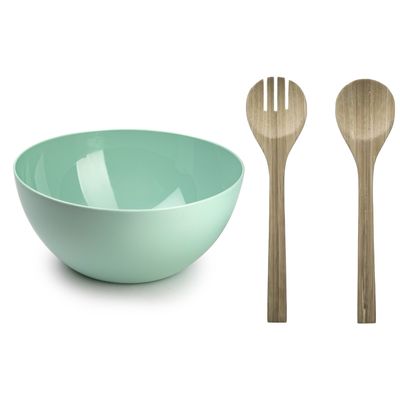 Salade serveer schaal - mintgroen - kunststof - Dia 28 cm - incl. bamboe Sla couvert/bestek