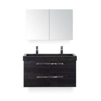 Seville Badmeubelset 100 cm - Black Oak - Wastafel Hardsteen Wit Lucca 2 kraangaten - met Spiegel - Variant 2