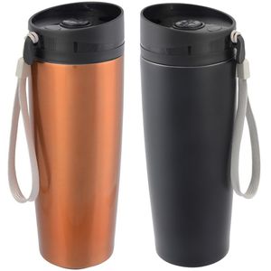 2x stuks RVS isoleer/warmhoudbekers zwart en koper kleur 380 ml