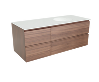 Balmani Lucida zwevend badmeubel 135 x 55,5  cm notenhout met Tablo Still asymmetrisch rechtse wastafel in mat witte solid surface